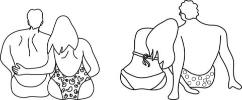 Romantic couples set in linear style. Men and women in swimming suits sitting at the beach, back view. vector
