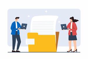 Flat illustration of business people working with paper document file folder vector