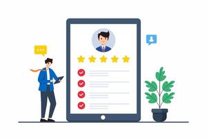 Flat illustration of person using digital tablet to review customer feedback and satisfaction ratings vector