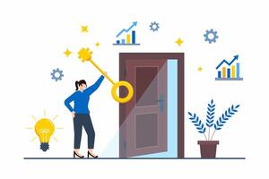 Flat illustration of person unlocking growth potential with giant key and open door vector