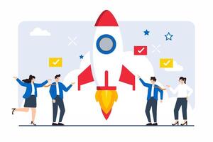 Flat illustration of professionals collaborating to launch new project with rocket symbolizing growth vector