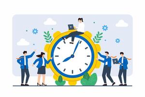 Flat illustration of colleagues with giant clock cogwheel, symbolizing time management and efficiency vector