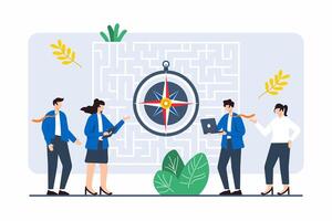 Flat illustration of group navigating maze with compass symbolizing problem-solving in business vector