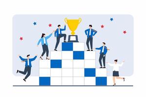 Flat illustration of team members building tower of achievements with stacked boxes vector