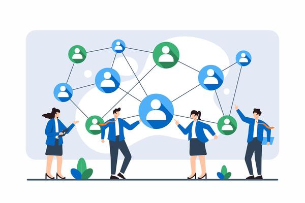 Flat illustration of employees connecting dots to form strategic business plan