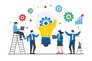 Flat illustration of team brainstorming creative solutions for business innovation and growth with light bulb cogwheel vector