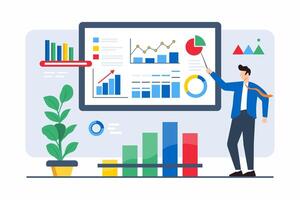 Flat illustration of man analyzing market trends through data visualization for strategic planning vector