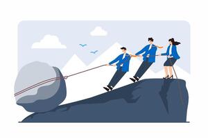 Flat illustration of professionals pulling heavy boulder uphill, symbolizing overcoming business challenges vector