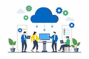 Flat illustration of team members collaborating on cloud-based version control for continuous deployment vector
