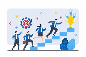 Flat illustration of team members climbing staircase to success with each step representing goal vector