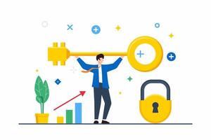 Flat illustration of man unlocking potential with golden key in business success scenario vector