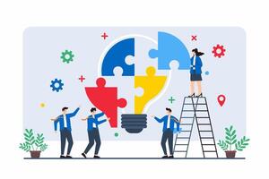 Flat illustration of employees piecing together jigsaw puzzle of lightbulb, symbolizing innovative solutions vector