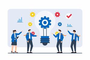 Flat illustration of colleagues supporting lightbulb idea being implemented as new business initiative vector