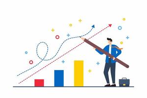 Flat illustration of businessman drawing new path over dotted line symbolizing strategic career change and growth vector