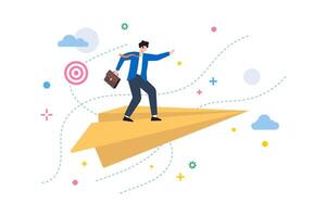 Flat illustration of person riding paper airplane, symbolizing flexible thinking and adaptive strategies vector