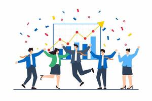Flat illustration of team celebrating business growth milestone with confetti and chart vector