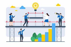 Flat illustration of team members constructing bridge to connect two business goals vector