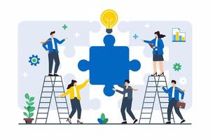 Flat illustration of team guiding large puzzle piece into place, symbolizing completing business strategy vector