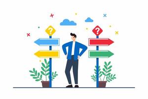 Flat illustration of man standing at crossroads with multiple signposts symbolizing career choices and life directions vector