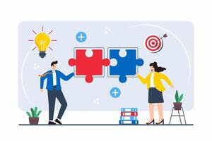 Flat illustration of colleagues connecting two puzzle pieces, representing business partnerships vector