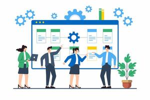 Flat illustration of team analyzing sprint backlog and assigning tasks for agile software development vector
