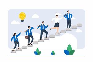 Flat illustration of team constructing path with stepping stones, symbolizing gradual progress vector