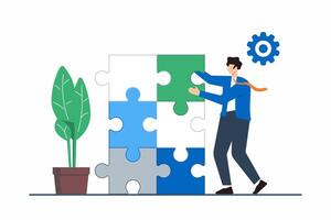 Flat illustration of person assembling puzzle pieces into new shape representing restructuring and adaptation in career vector