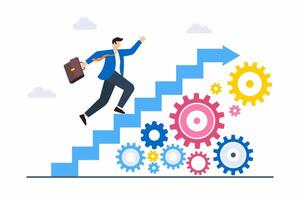 Flat illustration of businessman running up stair on cogwheel gears system vector