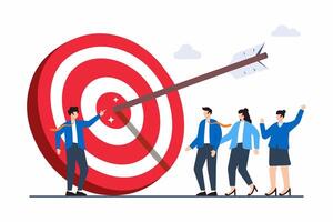 Flat illustration of businessman point arrow bullseye target to team colleagues vector