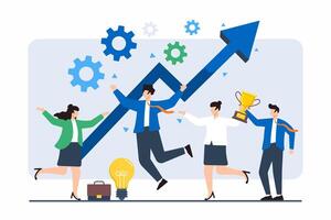 Flat illustration of team members guiding large arrow upwards to represent collective success and progress vector