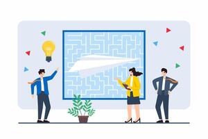 Flat illustration of colleagues guiding paper plane through maze, symbolizing navigating complex business environments vector