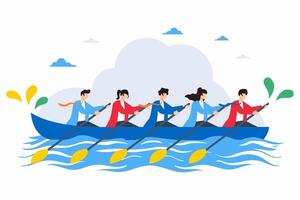 Flat illustration of employees rowing boat in unison, representing teamwork and synergy vector