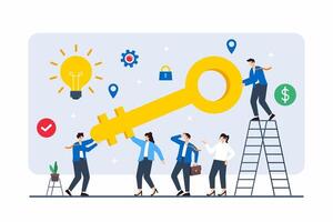 Flat illustration of team members with giant key to unlock business potential vector