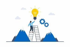Flat illustration of woman climbing ladder to reach innovation summit as top creative leader vector