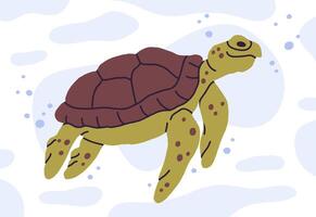 Wild turtle. Cartoon ocean turtle with shell, cute swimming marine reptile flat illustration. Hand drawn underwater turtle vector