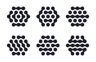 Abstract metaball shapes. Hexagon spotted graphic design elements, connected liquid molecule figures flat illustration set. Modern metaball icons vector