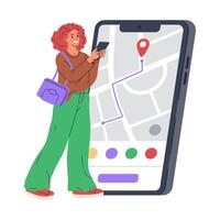 Girl with smartphone map application. Mobile navigation app on smartphone screen, woman search location with gps position marker flat illustration. Online city urban map app vector