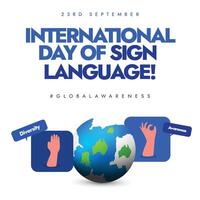 International Day of Sign Language background, post. 23 September Sign language day banner with hands making different signs, earth. The day raise awareness of sign language for rights of deaf people vector