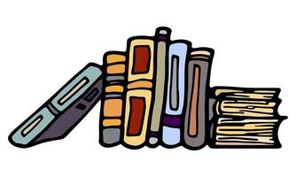 Hand drawn illustration of a book pile. Sketch, illustration on white background. Creative ink artwork. Modern cozy drawing. Back to school book. Colorful textbook for education and studying. vector