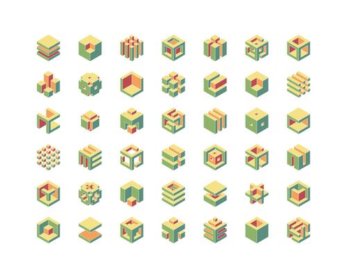 Cube logo, geometric design. Set box logotype company, trendy techno emblem in isometric 3D style.