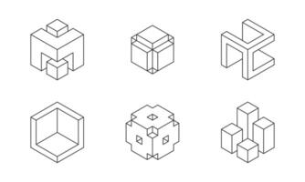 Black and white Cube logo, geometric design. Set box logotype company, trendy techno emblem in isometric 3D style. vector