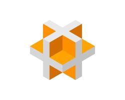 Cube logo, geometric design. Box logotype company, trendy tech emblem in pixel style. vector