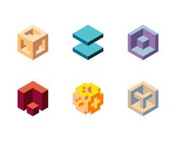 Cube logo, geometric design. Set box logotype company, trendy techno emblem in isometric 3D style. vector