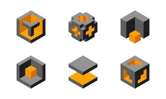 Cube logo, geometric design. Box logotype company, trendy tech emblem in pixel style. vector