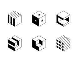 Black and white Cube logo, geometric design. Set box logotype company, trendy techno emblem in isometric 3D style. vector