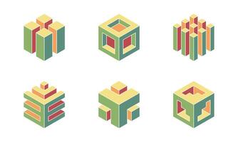 Cube logo, geometric design. Set box logotype company, trendy techno emblem in isometric 3D style. vector