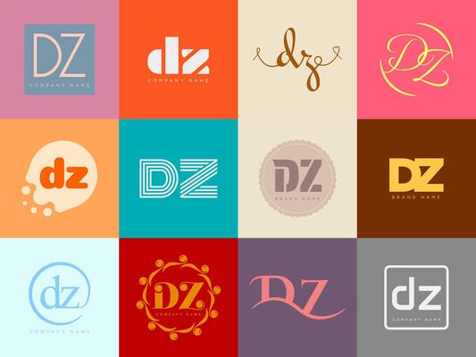 DZ logo company template. Letter d and z logotype. Set different classic serif lettering and modern bold text with design elements. Initial font typography.