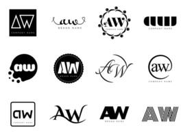 AW logo company template. Letter a and w logotype. Set different classic serif lettering and modern bold text with design elements. Initial font typography. vector