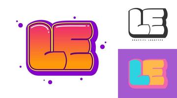 LE logo design for festival or party. Initial letter l and e in graffiti style. Creative modern lettering company name of font typography. Kids trendy logotype or identity. vector