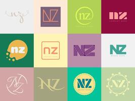 NZ logo company template. Letter n and z logotype. Set different classic serif lettering and modern bold text with design elements. Initial font typography. vector